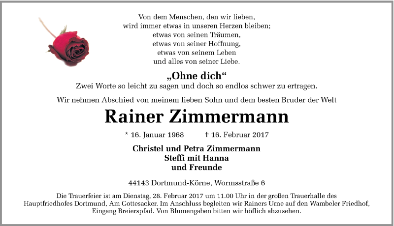  Traueranzeige für Rainer Zimmermann vom 21.02.2017 aus Ruhr Nachrichten