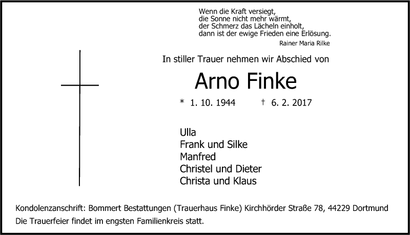  Traueranzeige für Arno Finke vom 09.02.2017 aus Ruhr Nachrichten