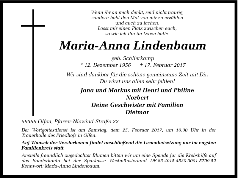  Traueranzeige für Maria-Anna Lindenbaum vom 21.02.2017 aus Ruhr Nachrichten