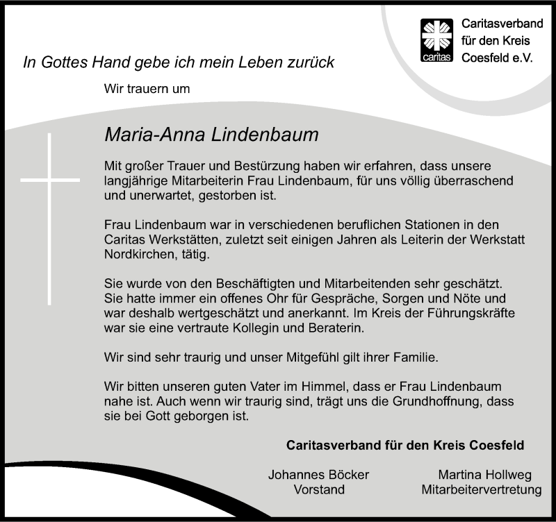  Traueranzeige für Maria-Anna Lindenbaum vom 21.02.2017 aus Ruhr Nachrichten
