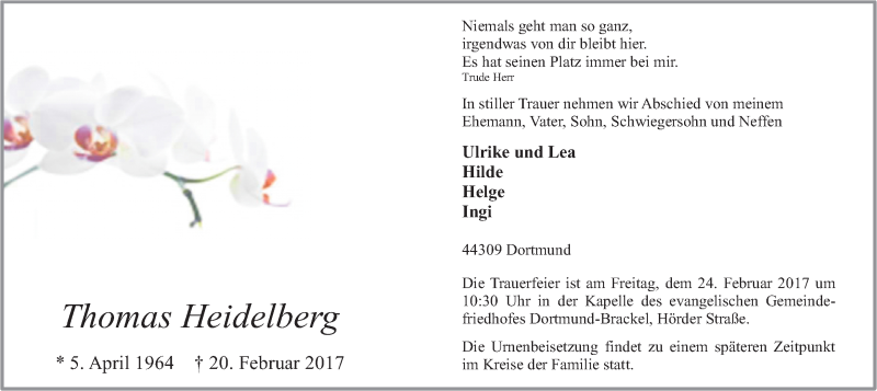  Traueranzeige für Thomas Heidelberg vom 22.02.2017 aus Ruhr Nachrichten