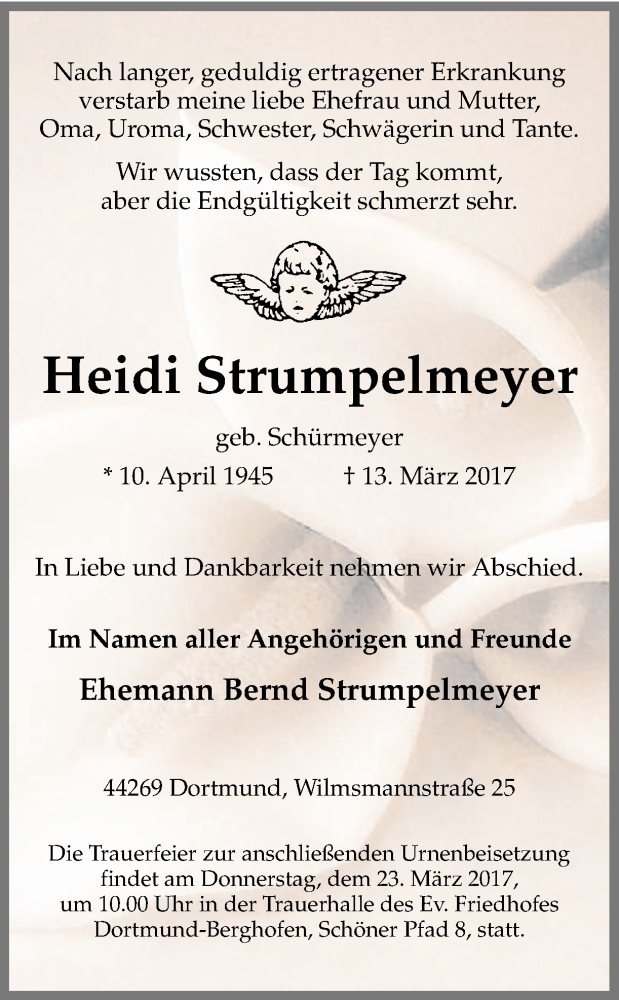  Traueranzeige für Heidi Strumpelmeyer vom 18.03.2017 aus Ruhr Nachrichten