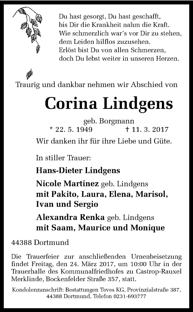  Traueranzeige für Corina Lindgens vom 17.03.2017 aus Ruhr Nachrichten