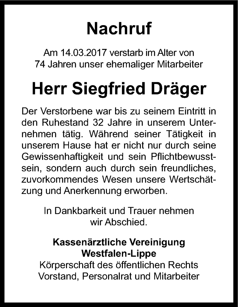  Traueranzeige für Siegfried Dräger vom 25.03.2017 aus Ruhr Nachrichten