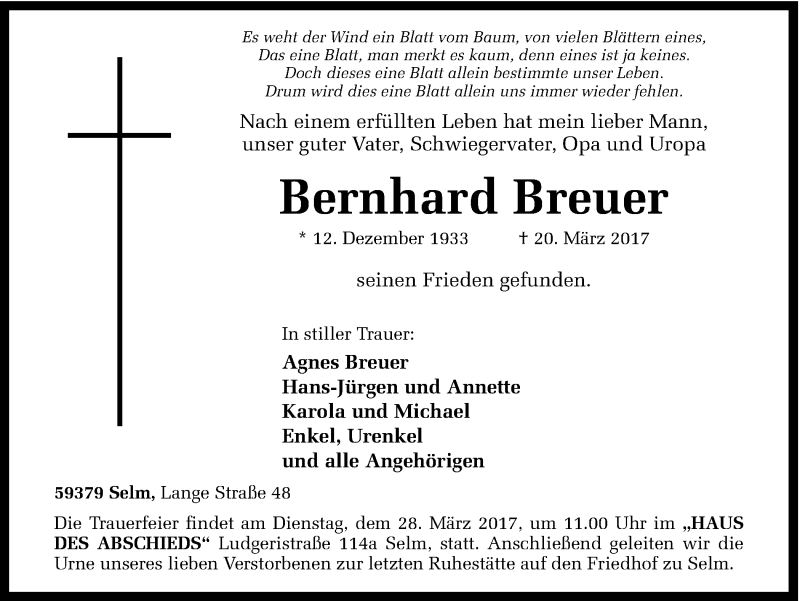  Traueranzeige für Bernhard Breuer vom 21.03.2017 aus Ruhr Nachrichten