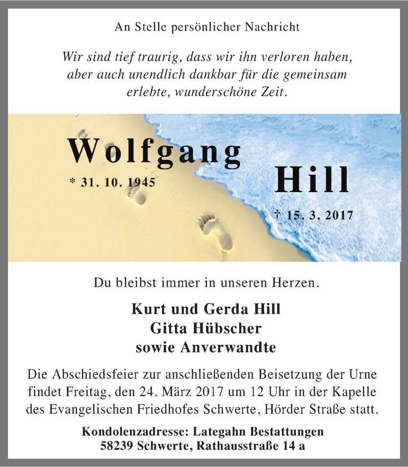  Traueranzeige für Wolfgang Hill vom 21.03.2017 aus Ruhr Nachrichten