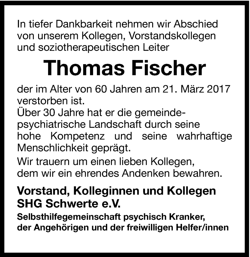  Traueranzeige für Thomas Fischer vom 29.03.2017 aus Ruhr Nachrichten