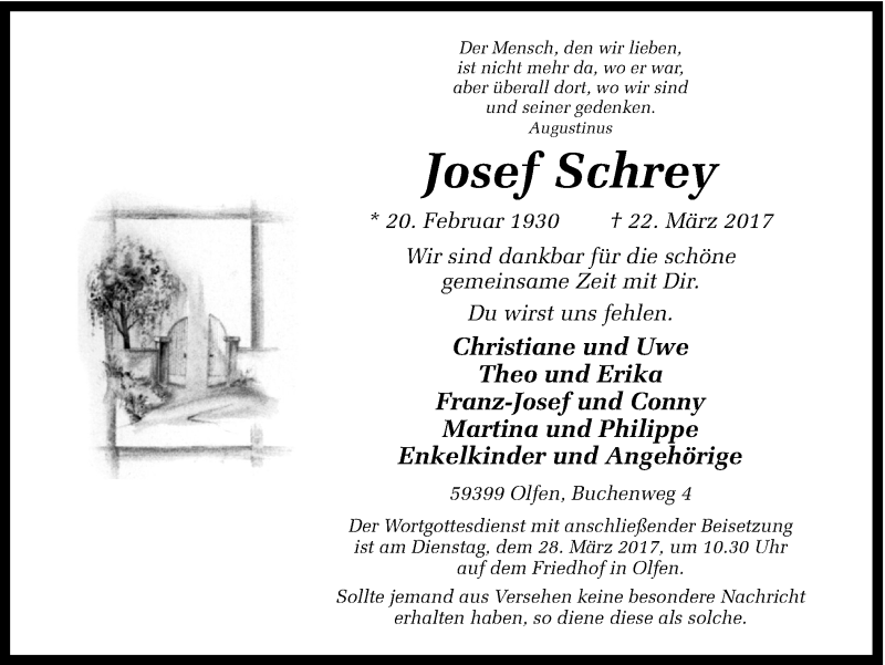 Traueranzeige für Josef Schrey vom 24.03.2017 aus Ruhr Nachrichten