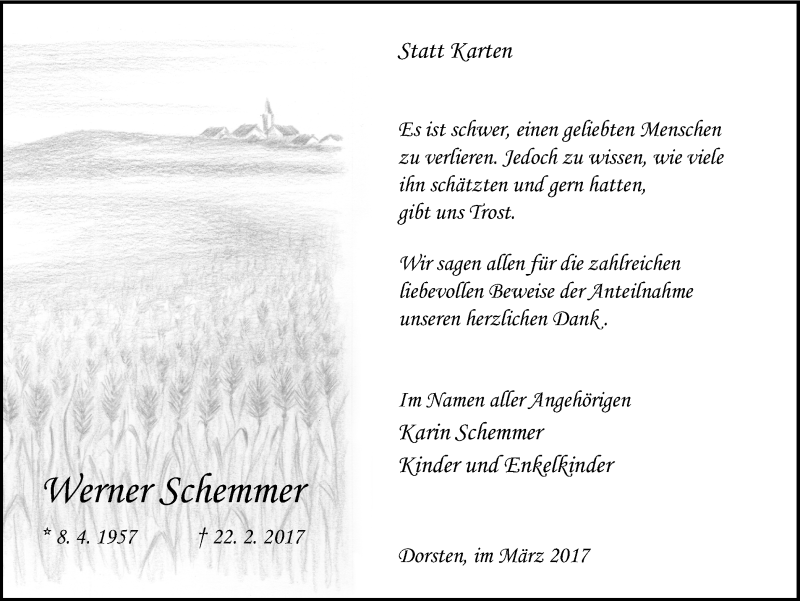  Traueranzeige für Werner Schemmer vom 25.03.2017 aus Ruhr Nachrichten und Dorstener Zeitung