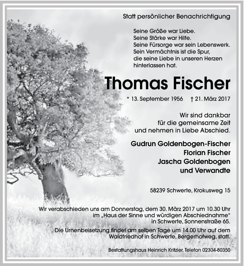  Traueranzeige für Thomas Fischer vom 25.03.2017 aus Ruhr Nachrichten
