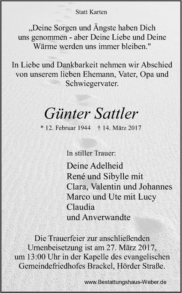  Traueranzeige für Günter Sattler vom 18.03.2017 aus Ruhr Nachrichten
