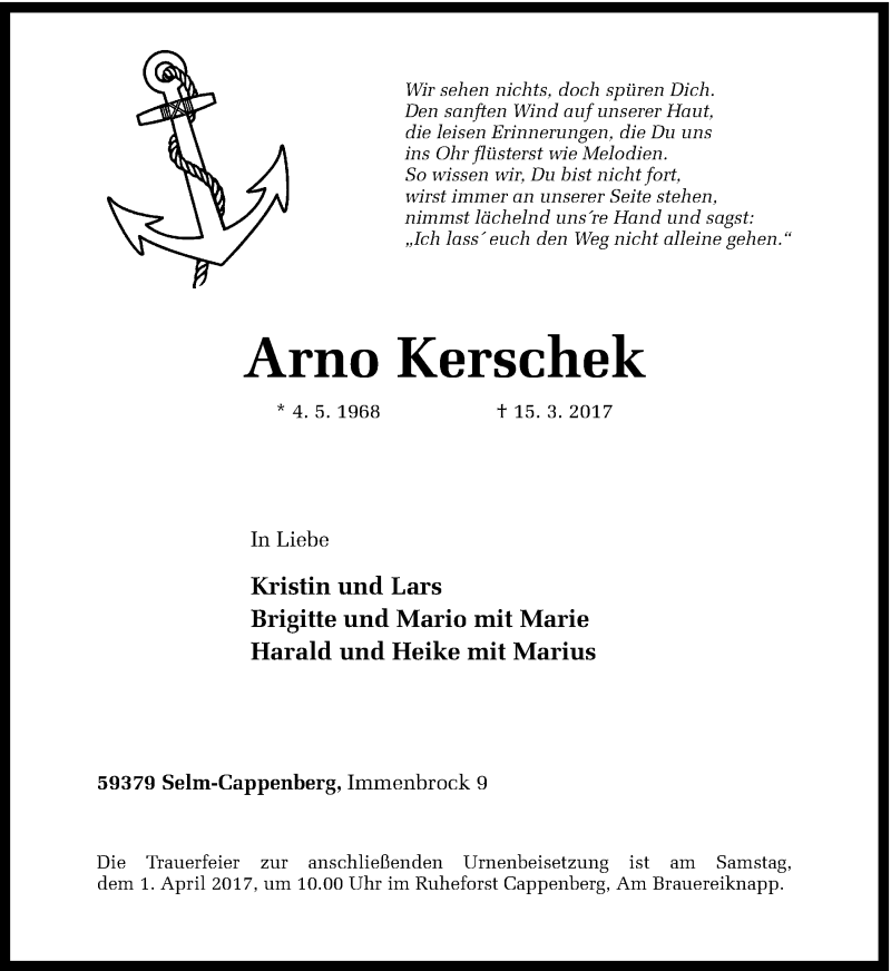  Traueranzeige für Arno Kerschek vom 25.03.2017 aus Ruhr Nachrichten