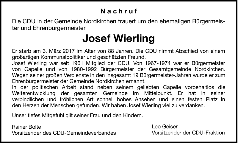  Traueranzeige für Josef Wierling vom 08.03.2017 aus Ruhr Nachrichten