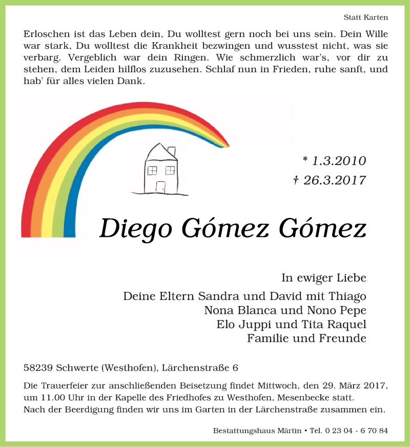  Traueranzeige für Diego Gómez Gómez vom 28.03.2017 aus Ruhr Nachrichten