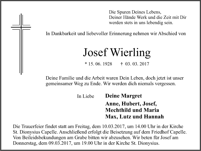  Traueranzeige für Josef Wierling vom 07.03.2017 aus Ruhr Nachrichten