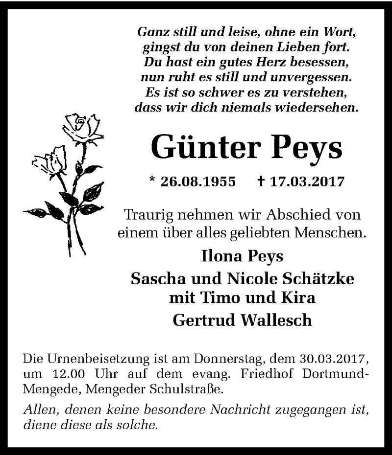 Traueranzeige für Günter Peys vom 25.03.2017 aus Ruhr Nachrichten