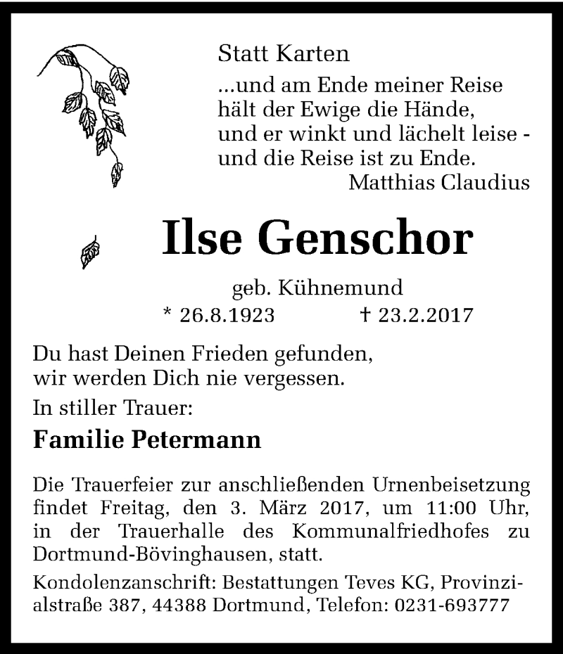  Traueranzeige für Ilse Genschor vom 01.03.2017 aus Ruhr Nachrichten