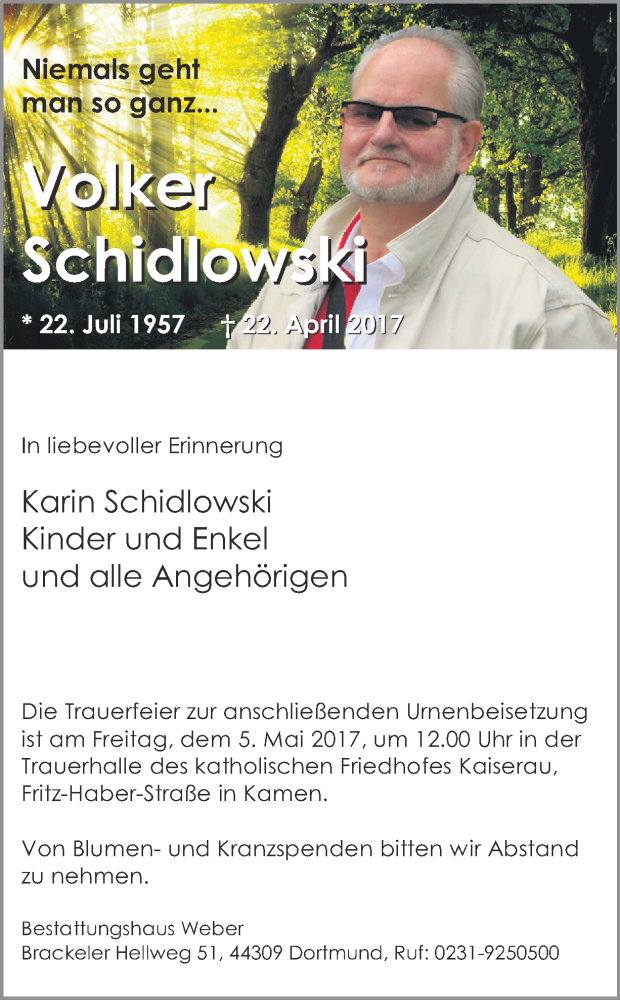  Traueranzeige für Volker Schidlowski vom 29.04.2017 aus Ruhr Nachrichten