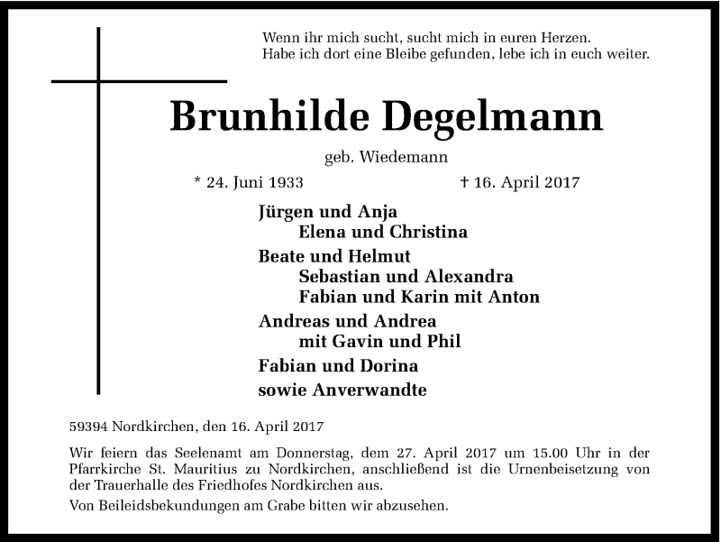  Traueranzeige für Brunhilde Degelmann vom 22.04.2017 aus Ruhr Nachrichten