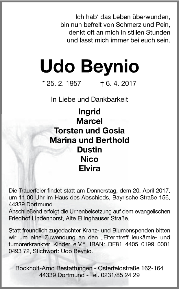  Traueranzeige für Udo Beynio vom 15.04.2017 aus Ruhr Nachrichten