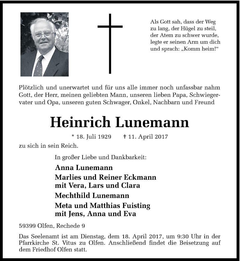  Traueranzeige für Heinrich Lunemann vom 15.04.2017 aus Ruhr Nachrichten