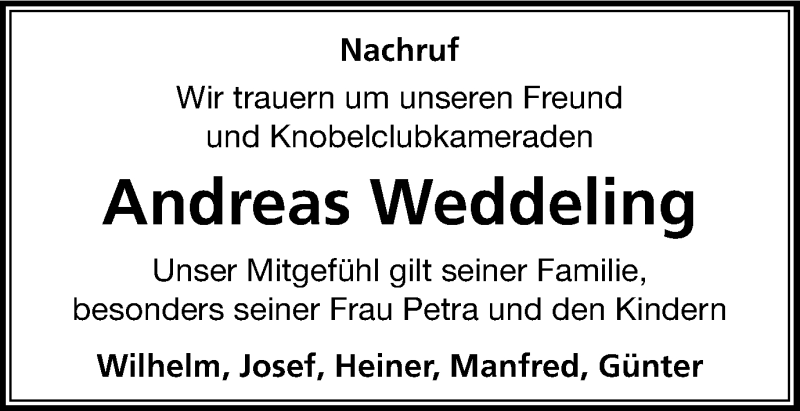  Traueranzeige für Andreas Weddeling vom 06.04.2017 aus Münstersche Zeitung und Münsterland Zeitung