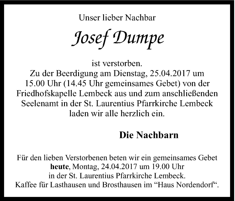  Traueranzeige für Josef Dumpe vom 24.04.2017 aus Ruhr Nachrichten und Dorstener Zeitung