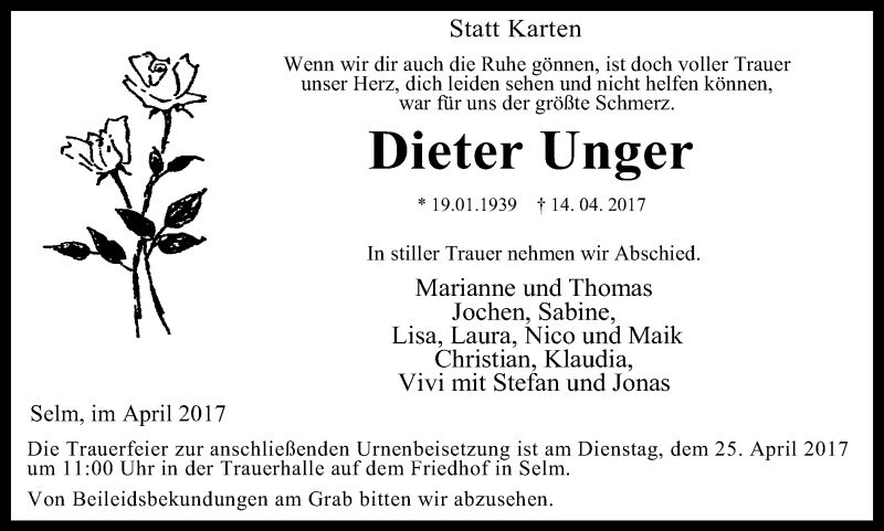  Traueranzeige für Dieter Unger vom 19.04.2017 aus Ruhr Nachrichten