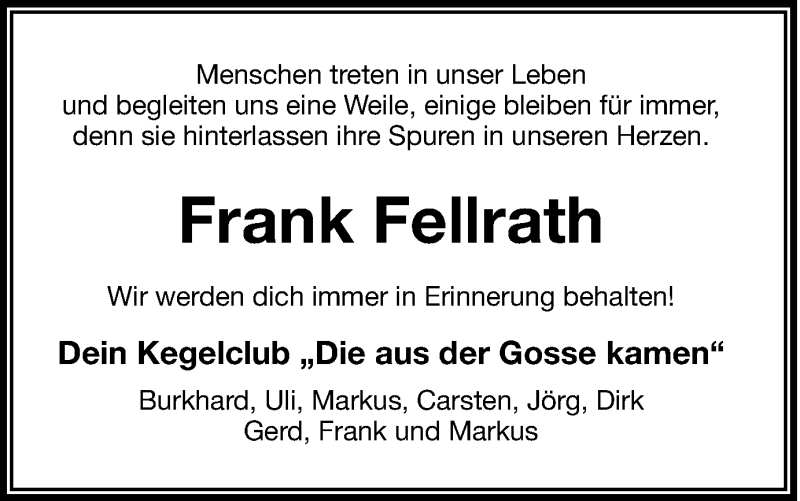  Traueranzeige für Frank Fellrath vom 19.04.2017 aus Münstersche Zeitung und Münsterland Zeitung