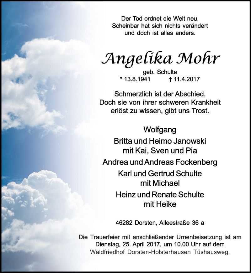  Traueranzeige für Angelika Mohr vom 15.04.2017 aus Ruhr Nachrichten und Dorstener Zeitung