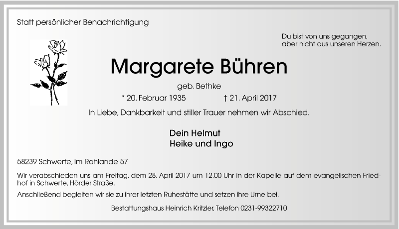  Traueranzeige für Margarete Bühren vom 22.04.2017 aus Ruhr Nachrichten