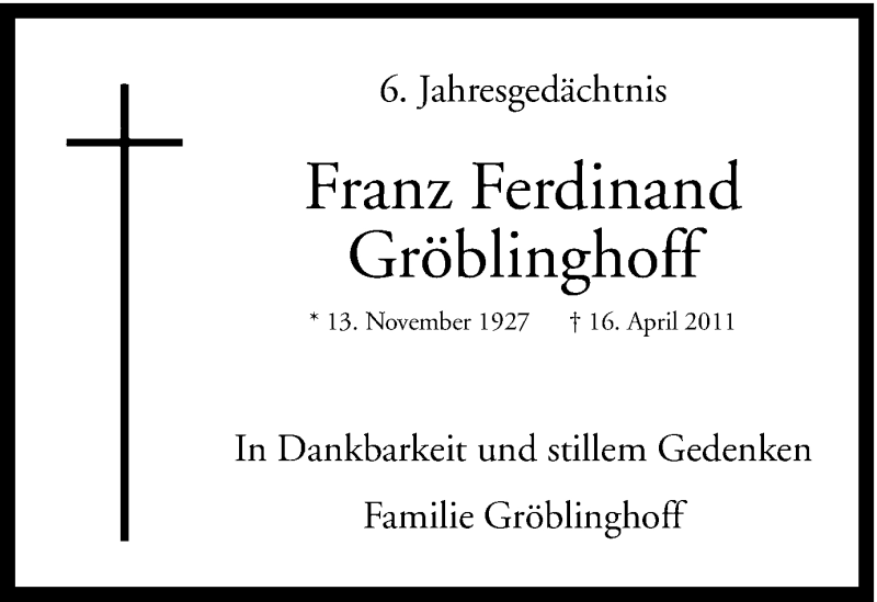 Traueranzeige für Franz Ferdinand Gröblinghoff vom 15.04.2017 aus Ruhr Nachrichten