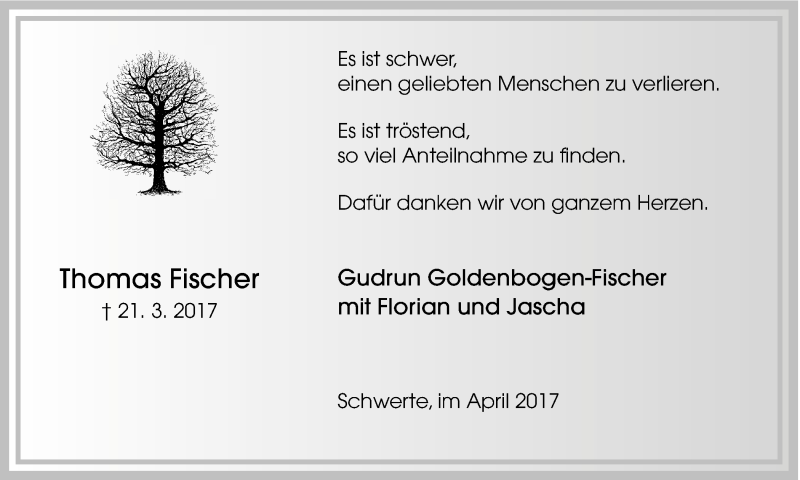  Traueranzeige für Thomas Fischer vom 08.04.2017 aus Ruhr Nachrichten