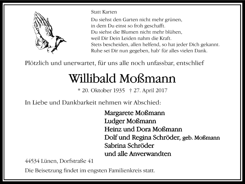  Traueranzeige für Willibald Moßmann vom 29.04.2017 aus Ruhr Nachrichten