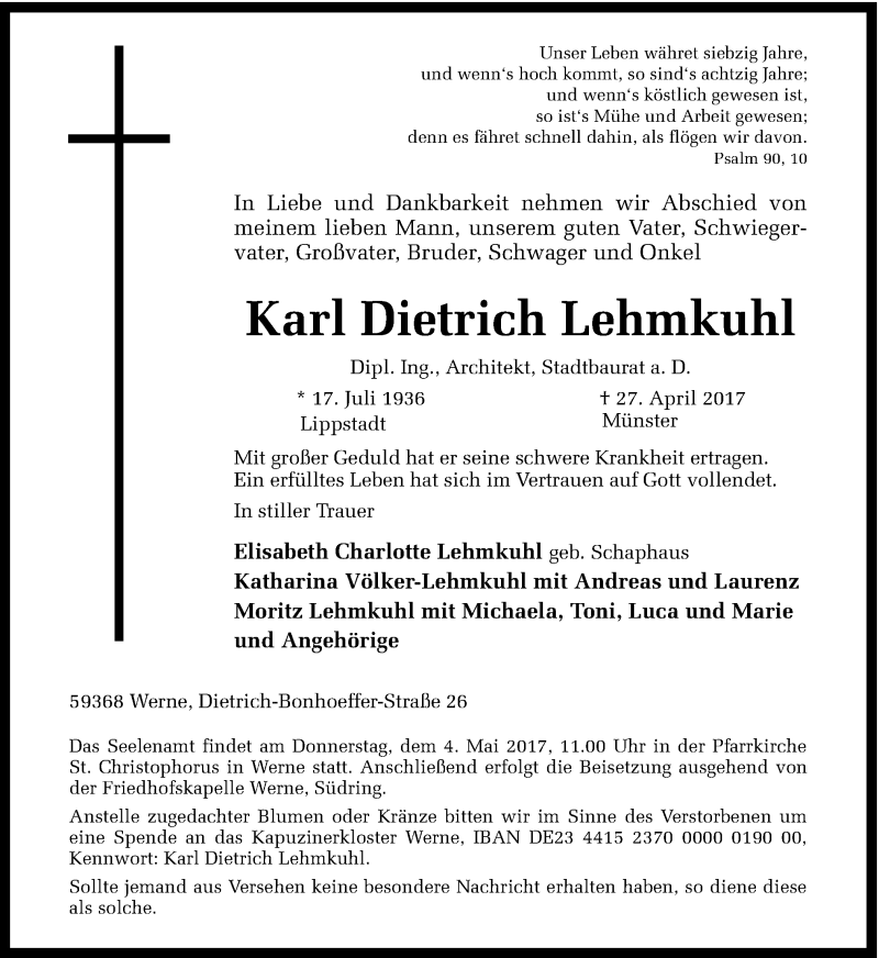  Traueranzeige für Karl Dietrich Lehmkuhl vom 29.04.2017 aus Ruhr Nachrichten