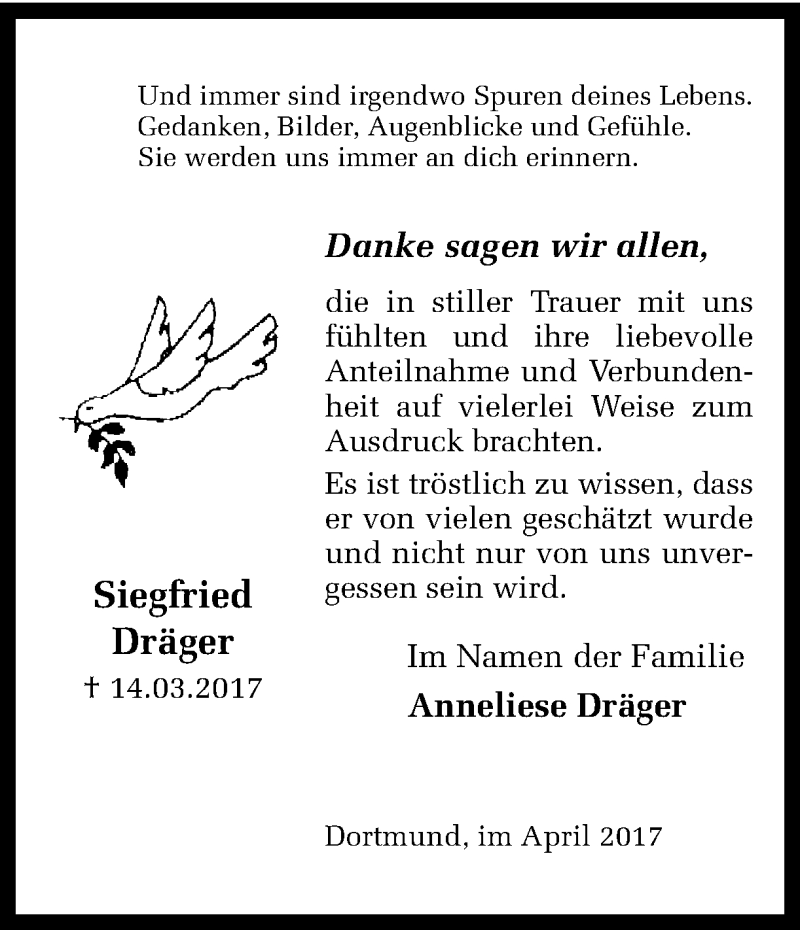 Traueranzeige für Siegfried Dräger vom 22.04.2017 aus Ruhr Nachrichten