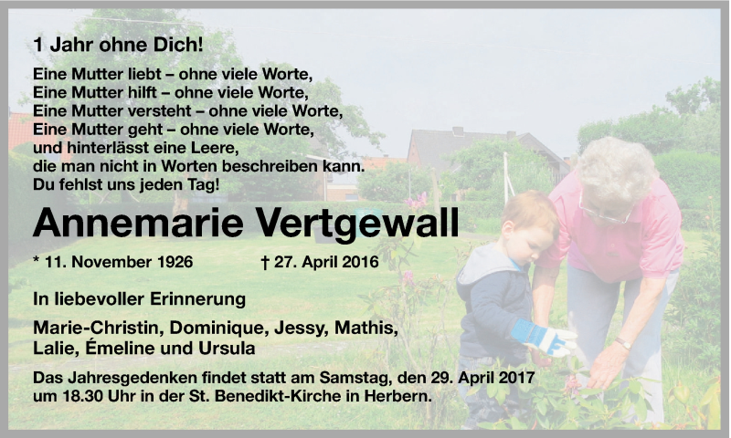 Traueranzeige für Annemarie Vertgewall vom 29.04.2017 aus Ruhr Nachrichten