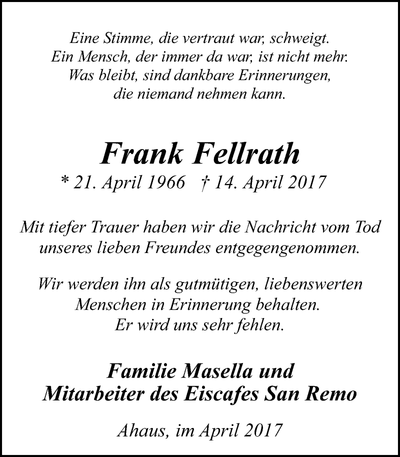  Traueranzeige für Frank Fellrath vom 18.04.2017 aus Münstersche Zeitung und Münsterland Zeitung