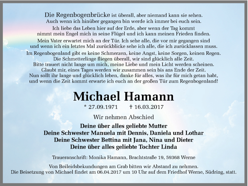  Traueranzeige für Michael Hamann vom 05.04.2017 aus Ruhr Nachrichten