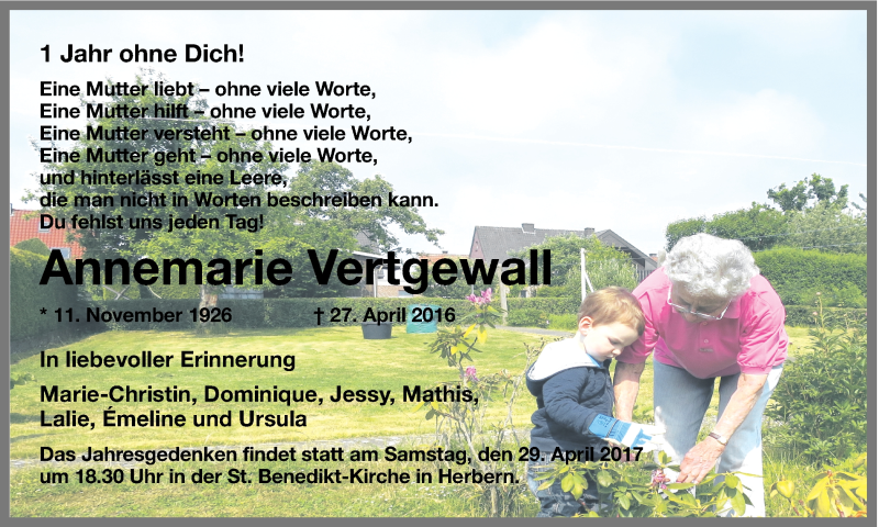  Traueranzeige für Annemarie Vertgewall vom 27.04.2017 aus Ruhr Nachrichten