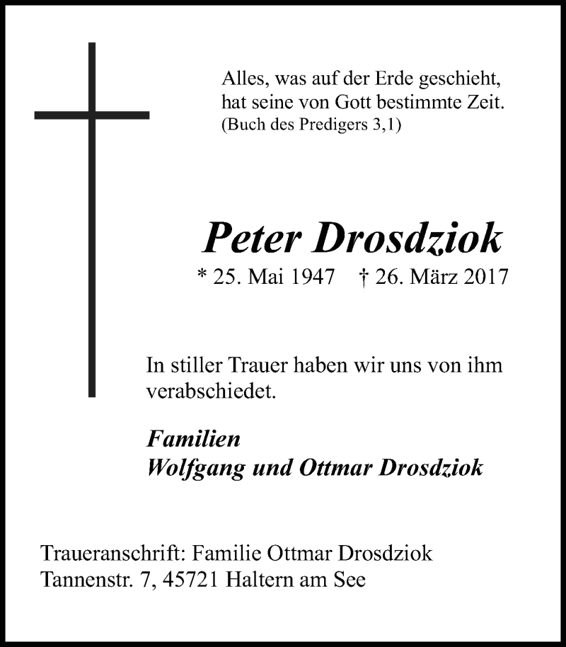  Traueranzeige für Peter Drosdziok vom 05.04.2017 aus Ruhr Nachrichten und Halterner Zeitung