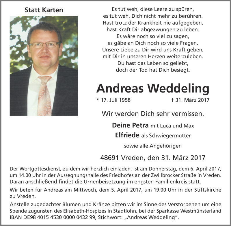  Traueranzeige für Andreas Weddeling vom 04.04.2017 aus Münstersche Zeitung und Münsterland Zeitung