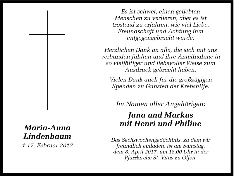  Traueranzeige für Maria-Anna Lindenbaum vom 01.04.2017 aus Ruhr Nachrichten