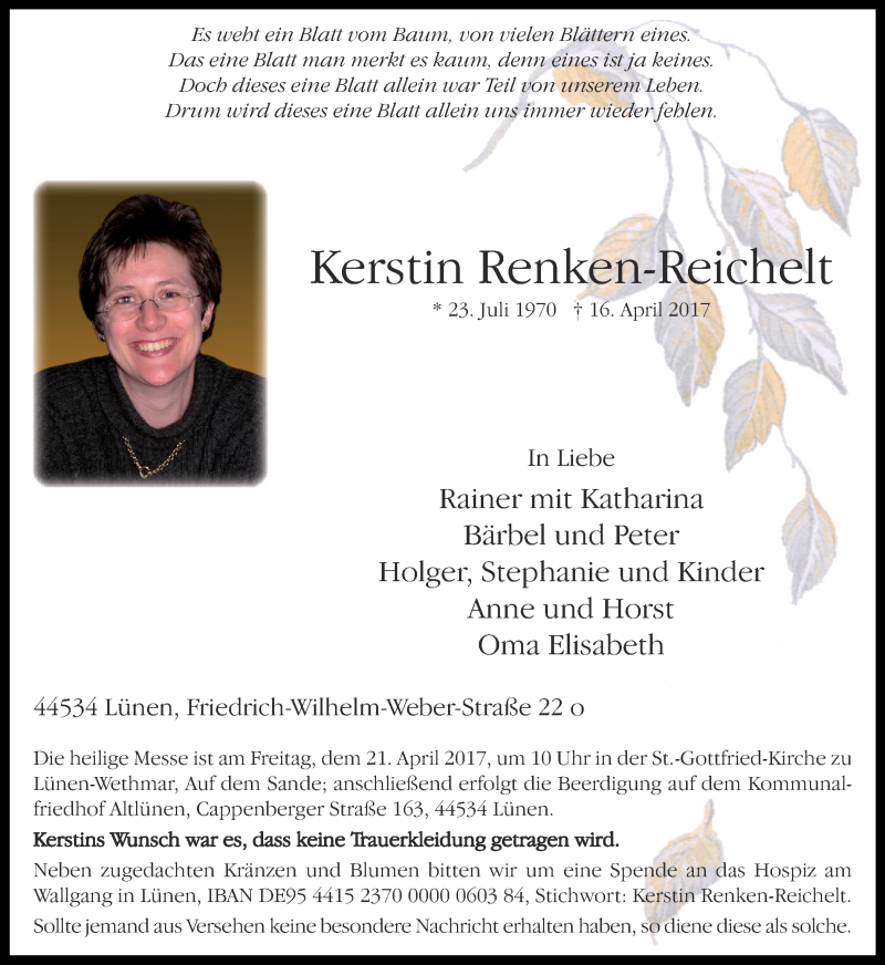  Traueranzeige für Kerstin Renken-Reichelt vom 19.04.2017 aus Ruhr Nachrichten