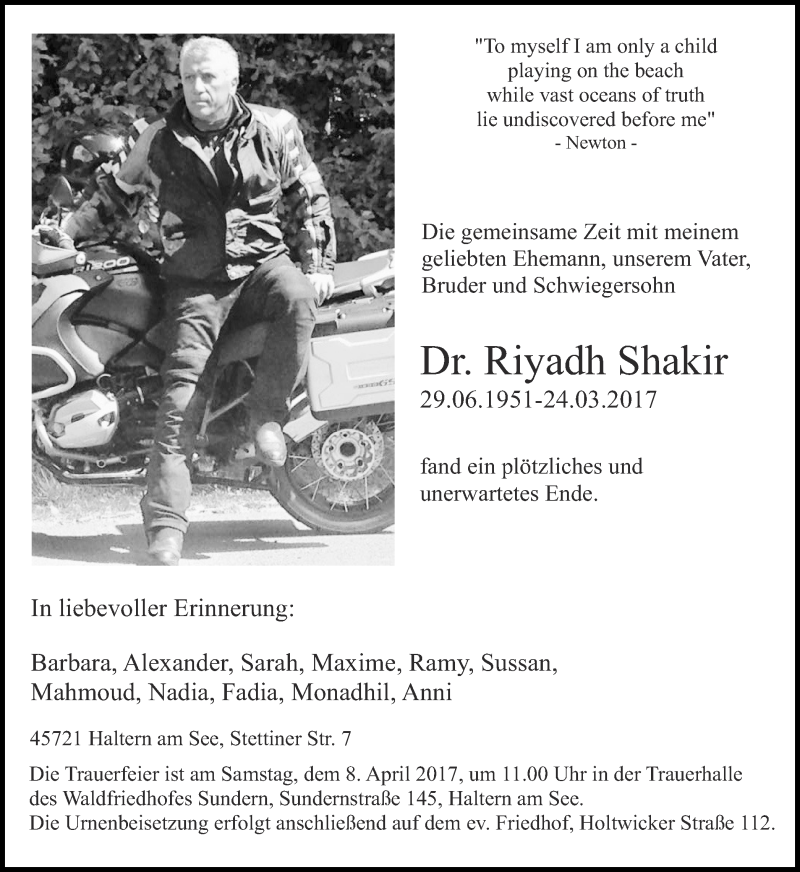  Traueranzeige für Riyadh Shakir vom 01.04.2017 aus Ruhr Nachrichten und Halterner Zeitung