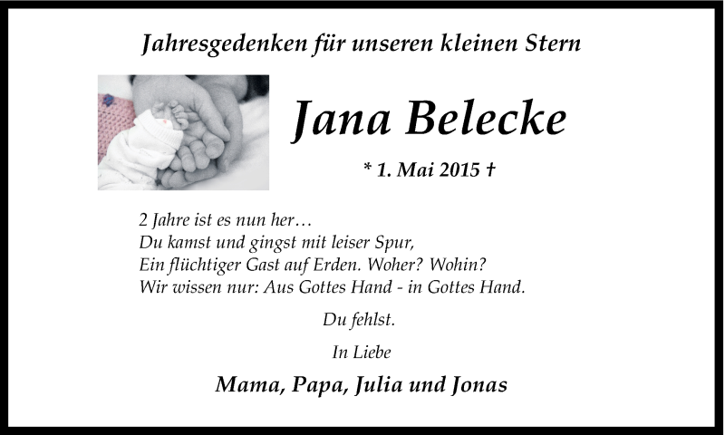  Traueranzeige für Jana Belecke vom 29.04.2017 aus Ruhr Nachrichten und Dorstener Zeitung