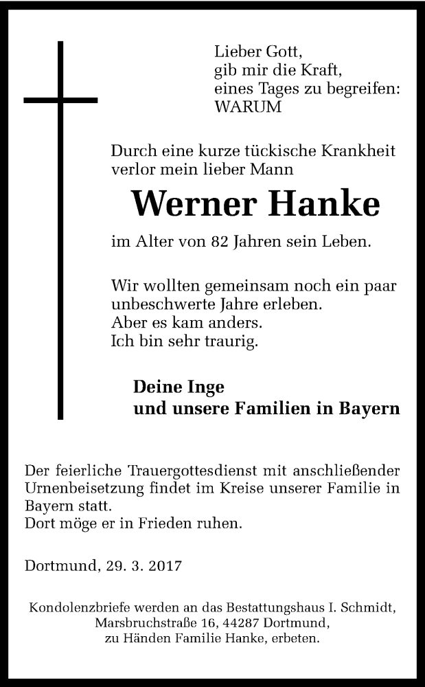  Traueranzeige für Werner Hanke vom 05.04.2017 aus Ruhr Nachrichten