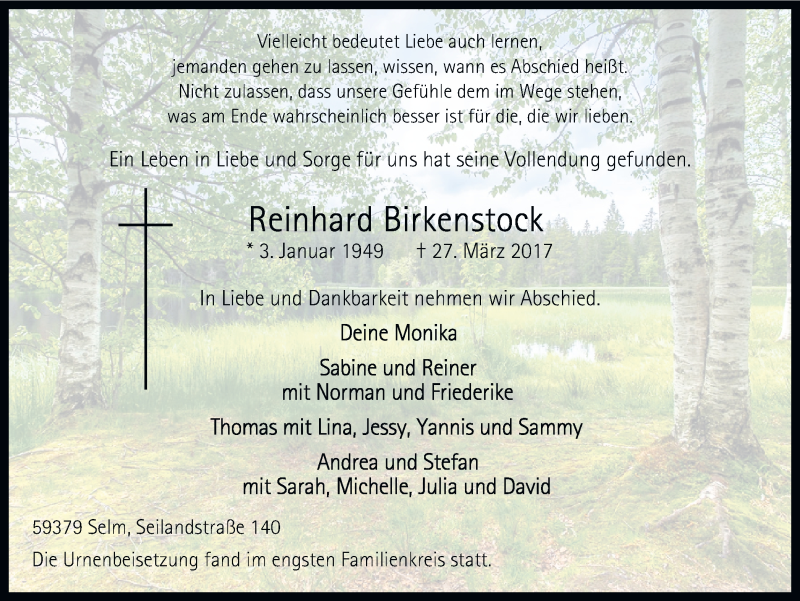  Traueranzeige für Reinhard Birkenstock vom 13.04.2017 aus Ruhr Nachrichten