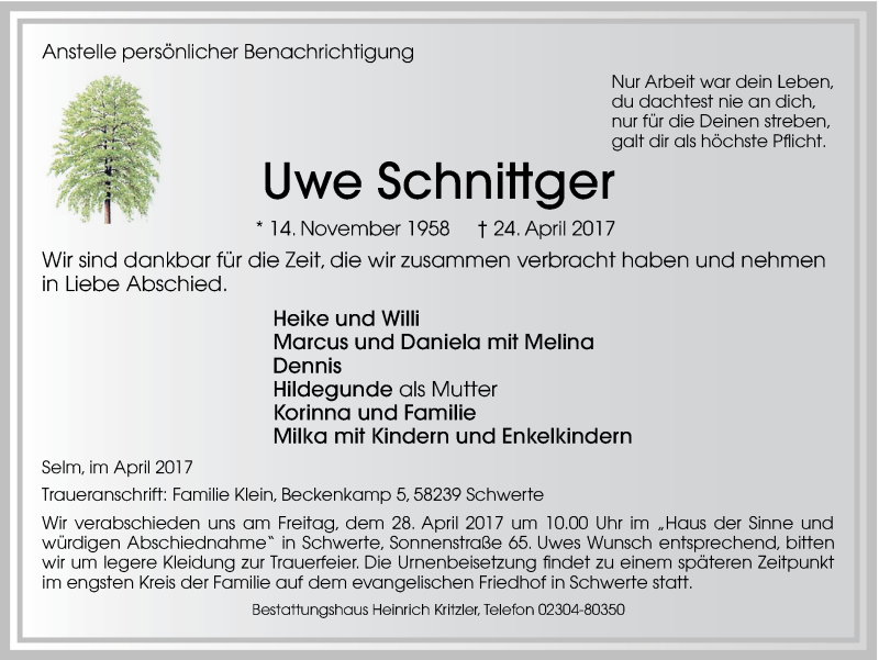  Traueranzeige für Uwe Schnittger vom 27.04.2017 aus Ruhr Nachrichten