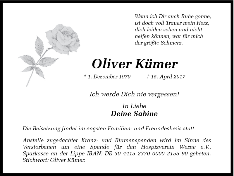  Traueranzeige für Oliver Kümer vom 20.04.2017 aus Ruhr Nachrichten
